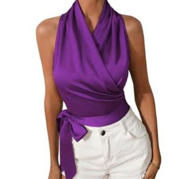 Purple Satin Wrap Blouse XXL - Picture 1 of 8